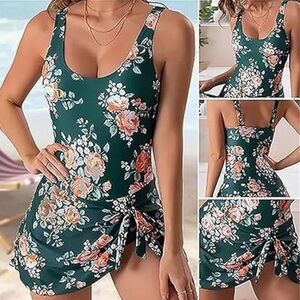 NEW - WOMEN Tummy Control One Piece Swimsuit with Knotted Skirt, Floral Print| M